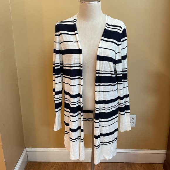 Loft Cotton Navy and White Stripe Cardigan Size Large - Picture 1 of 2